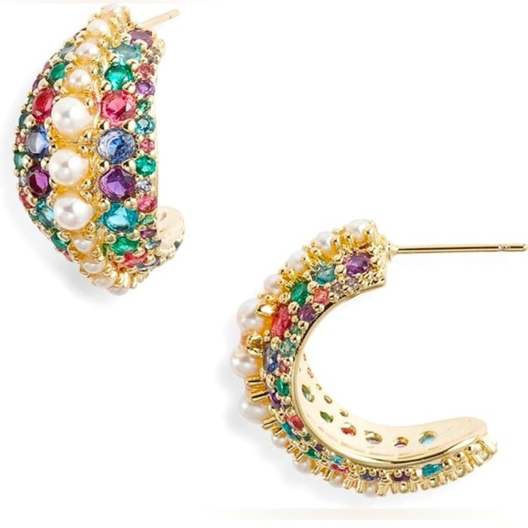 Kendra Scott Krista Gold Hoops Multicolor Gemstone and Pearl Earrings NWT - Picture 1 of 7